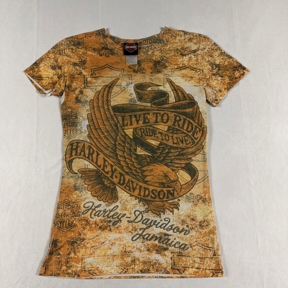 Harley Davidson‎ Eagle Graphic Tee AOP Live To Ride Tee Small Orange Top